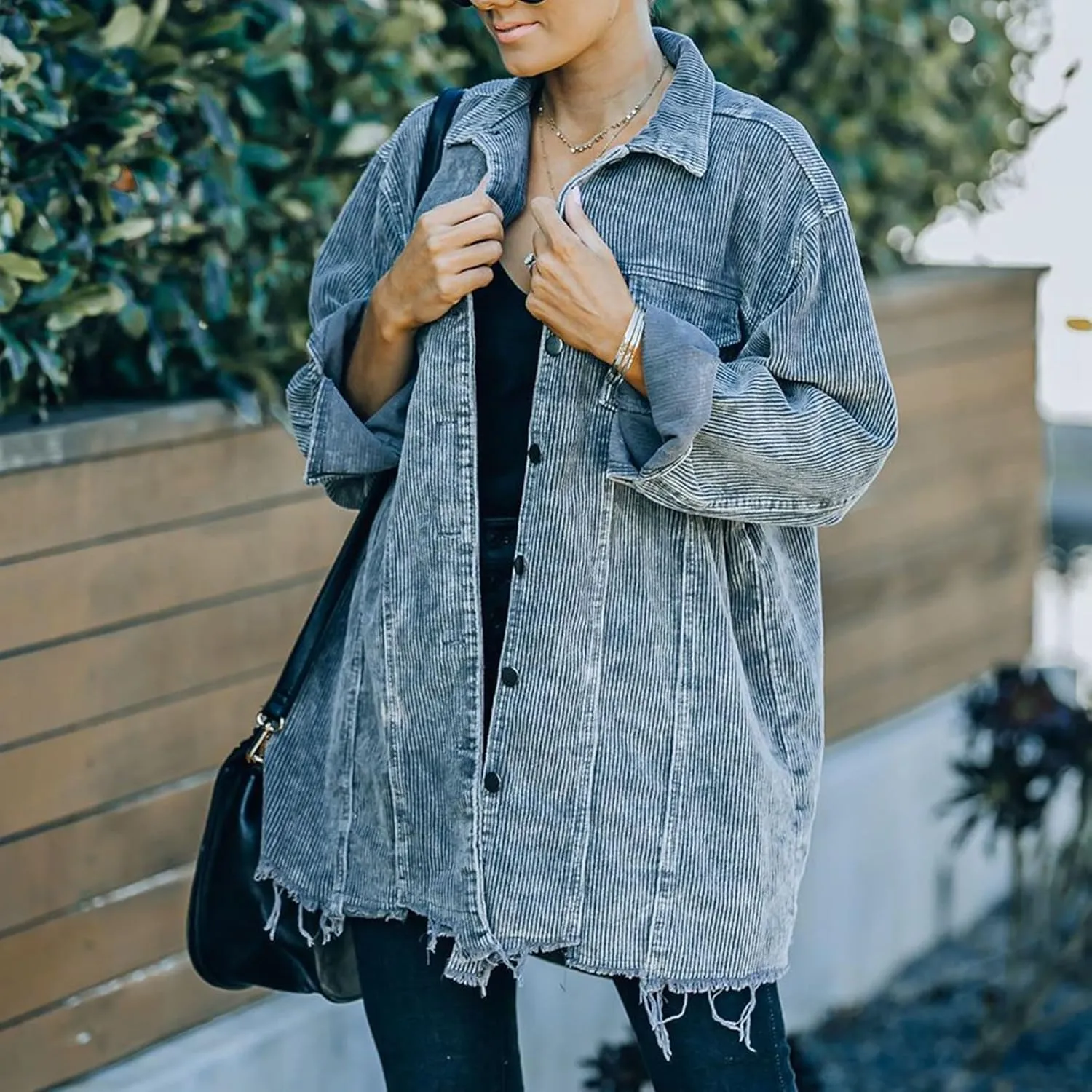 Womens Corduroy Shacket Jacket 2024 Fall Long Sleeve Button Down Shirt Jackets Trendy Distressed Retr Coat with Pockets