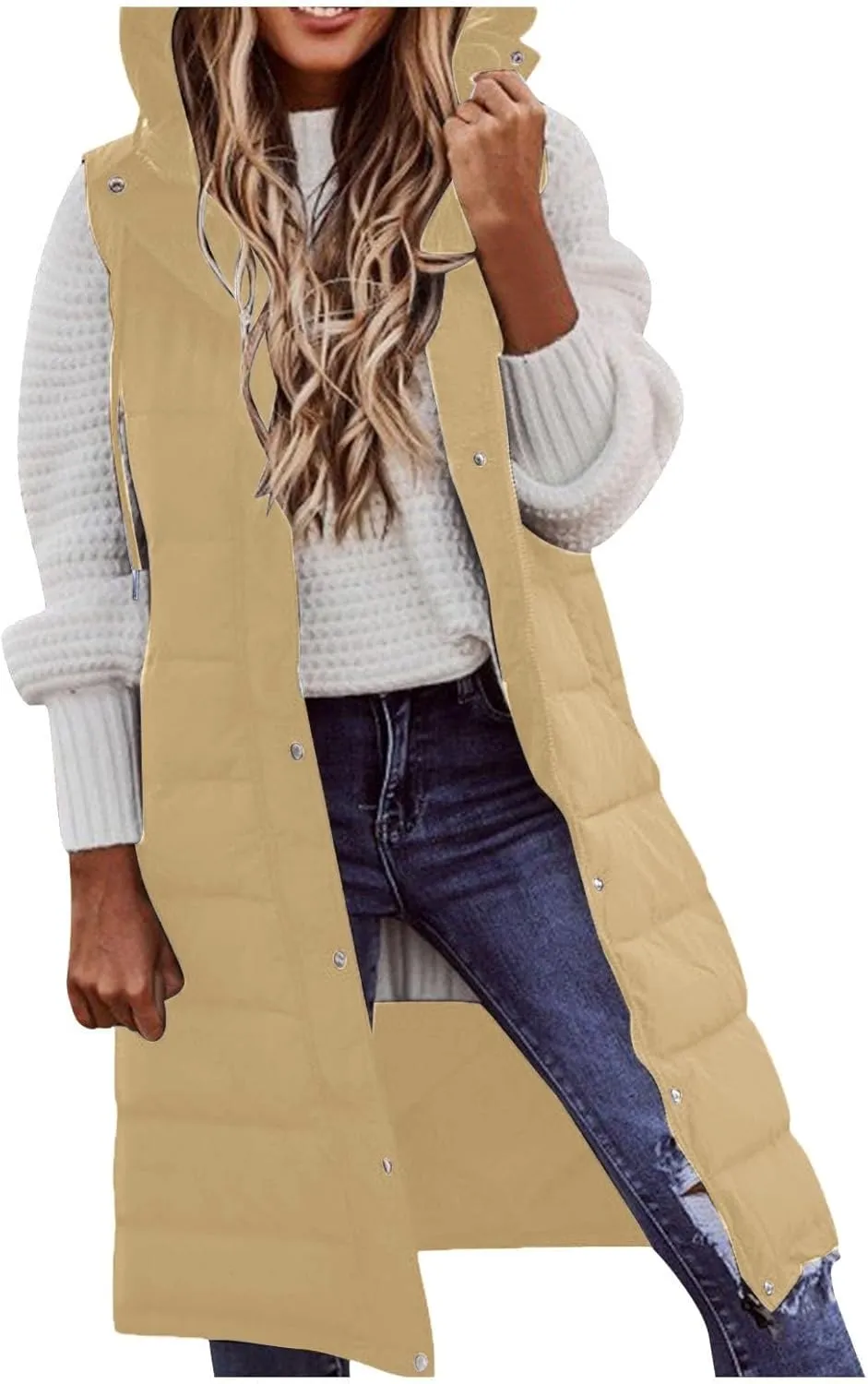 Womens Long Winter Coat Vest With Hood Sleeveless Warm Down Loose Coat With Pockets Quilted Petite Winter Jackets