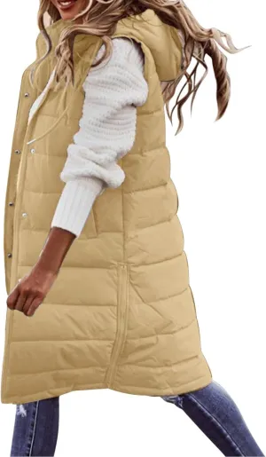 Womens Long Winter Coat Vest With Hood Sleeveless Warm Down Loose Coat With Pockets Quilted Petite Winter Jackets