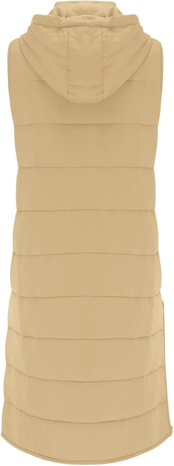 Womens Long Winter Coat Vest With Hood Sleeveless Warm Down Loose Coat With Pockets Quilted Petite Winter Jackets