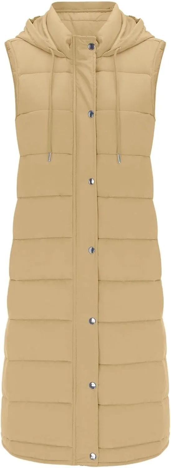 Womens Long Winter Coat Vest With Hood Sleeveless Warm Down Loose Coat With Pockets Quilted Petite Winter Jackets