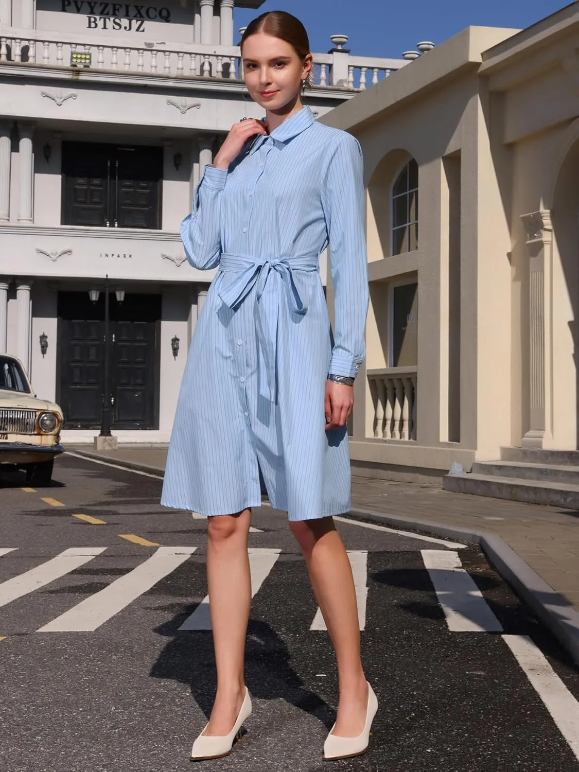 Women's Striped Shirt Dress with Belt A-Line Button Down Shirtdress