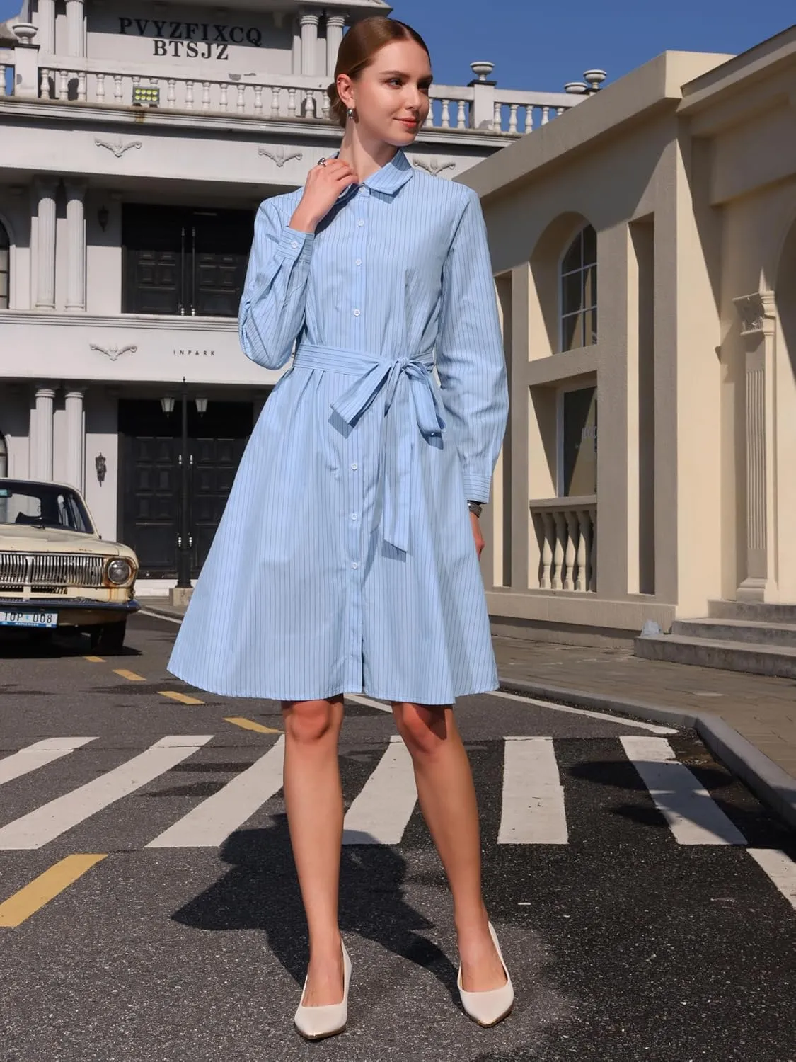 Women's Striped Shirt Dress with Belt A-Line Button Down Shirtdress