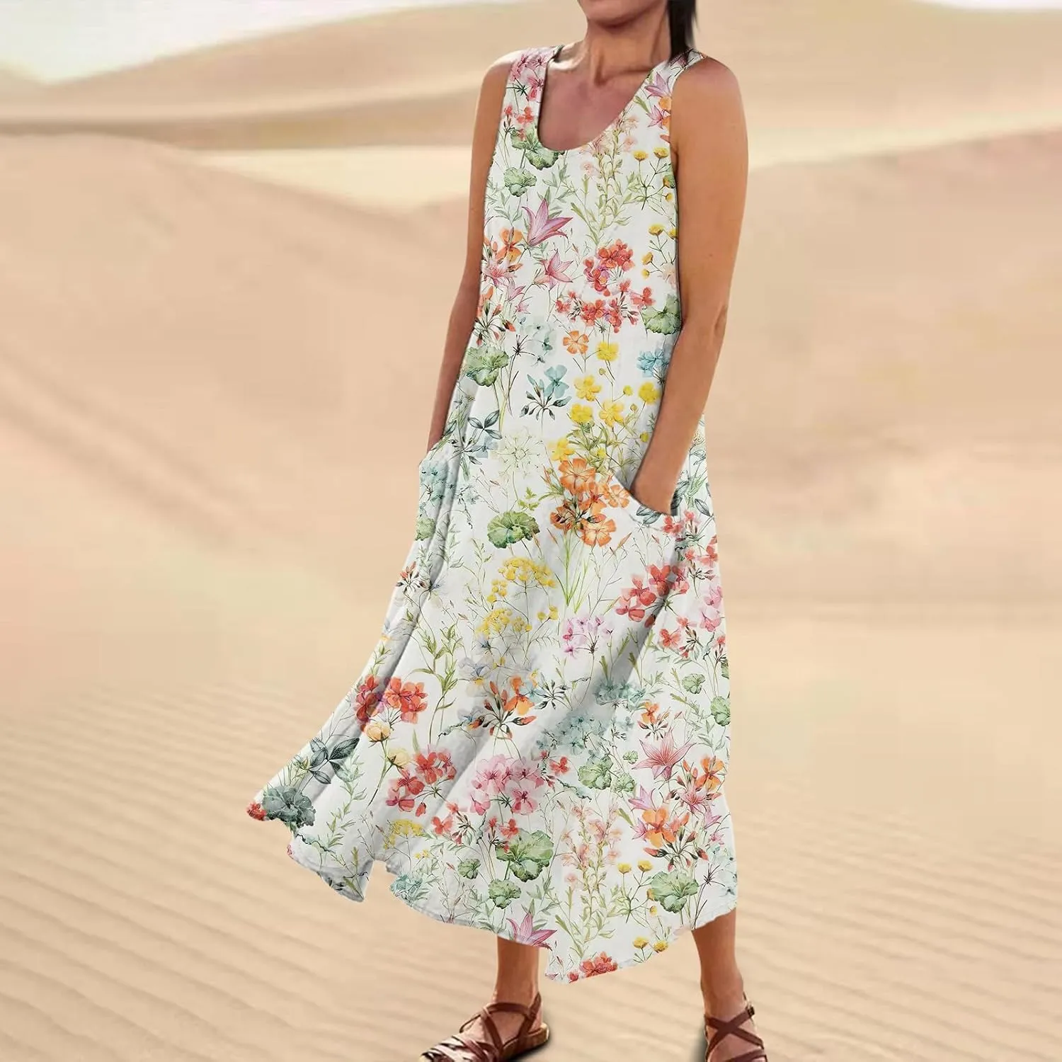 Women's Summer Cotton Linen Long Dress 2025 Sleeveless Elegant Flowy Dresses Plus Size Loose Comfy Dress with Pockets