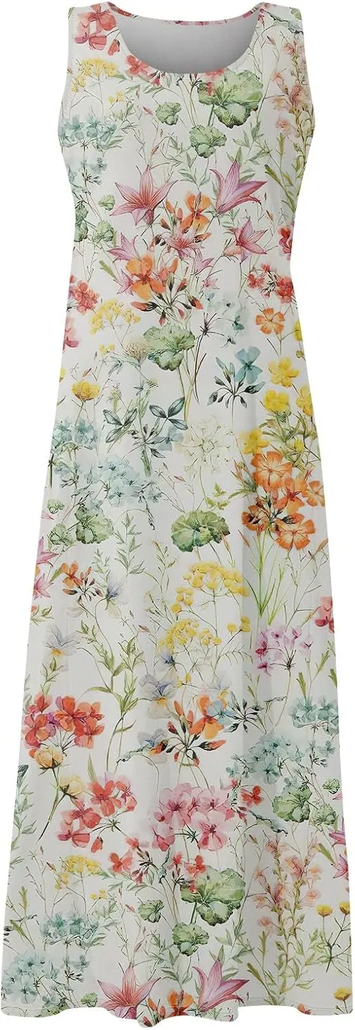 Women's Summer Cotton Linen Long Dress 2025 Sleeveless Elegant Flowy Dresses Plus Size Loose Comfy Dress with Pockets