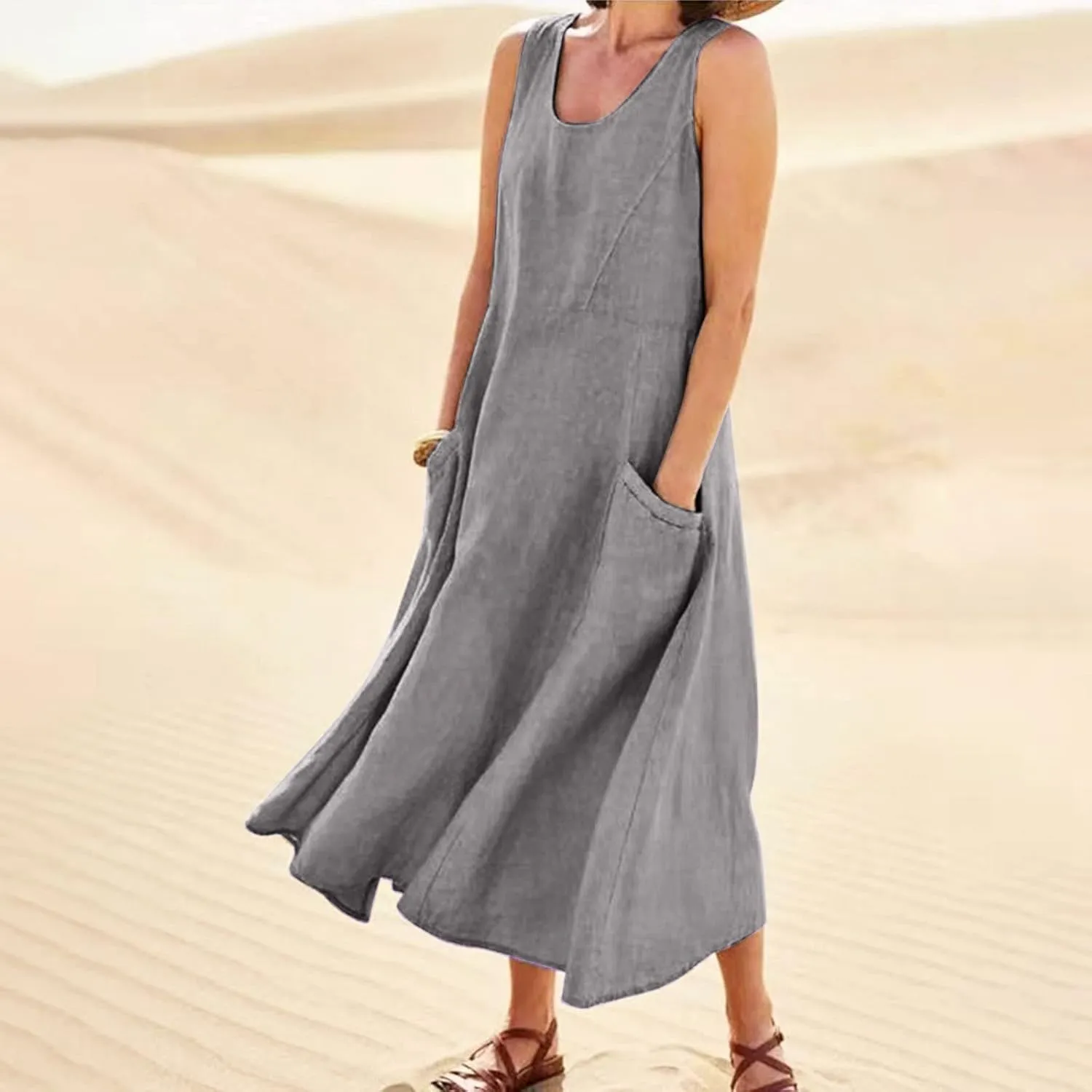 Women's Summer Cotton Linen Long Dress 2025 Sleeveless Elegant Flowy Dresses Plus Size Loose Comfy Dress with Pockets