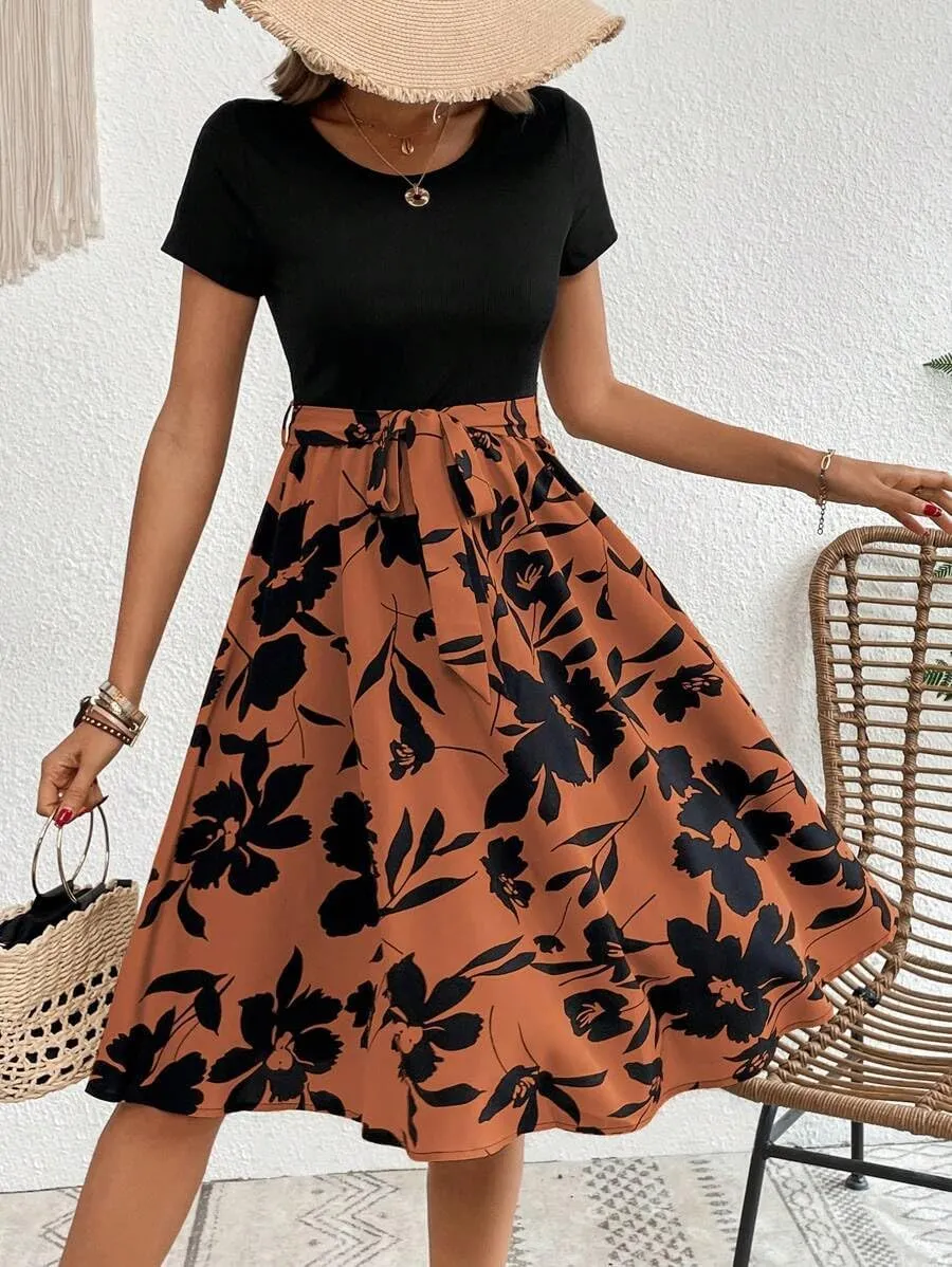 Women's Summer Dress Tie Waist Modest Short Sleeve A Line Midi Casual