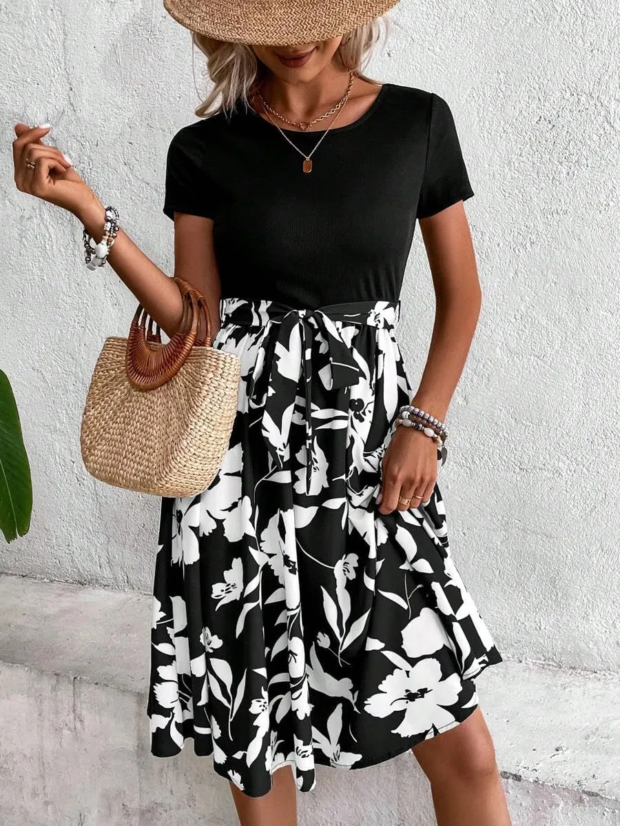 Women's Summer Dress Tie Waist Modest Short Sleeve A Line Midi Casual