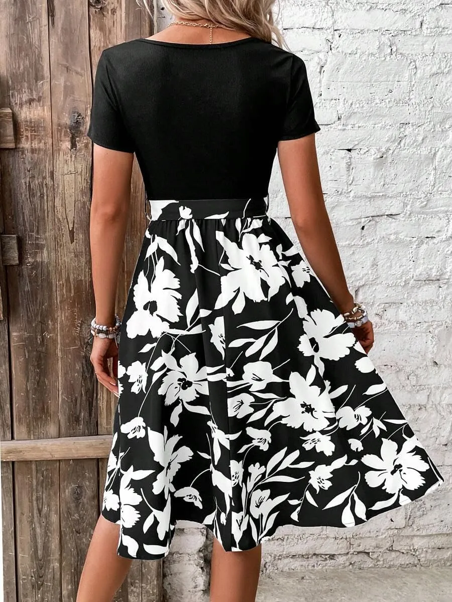 Women's Summer Dress Tie Waist Modest Short Sleeve A Line Midi Casual