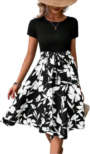 Women's Summer Dress Tie Waist Modest Short Sleeve A Line Midi Casual