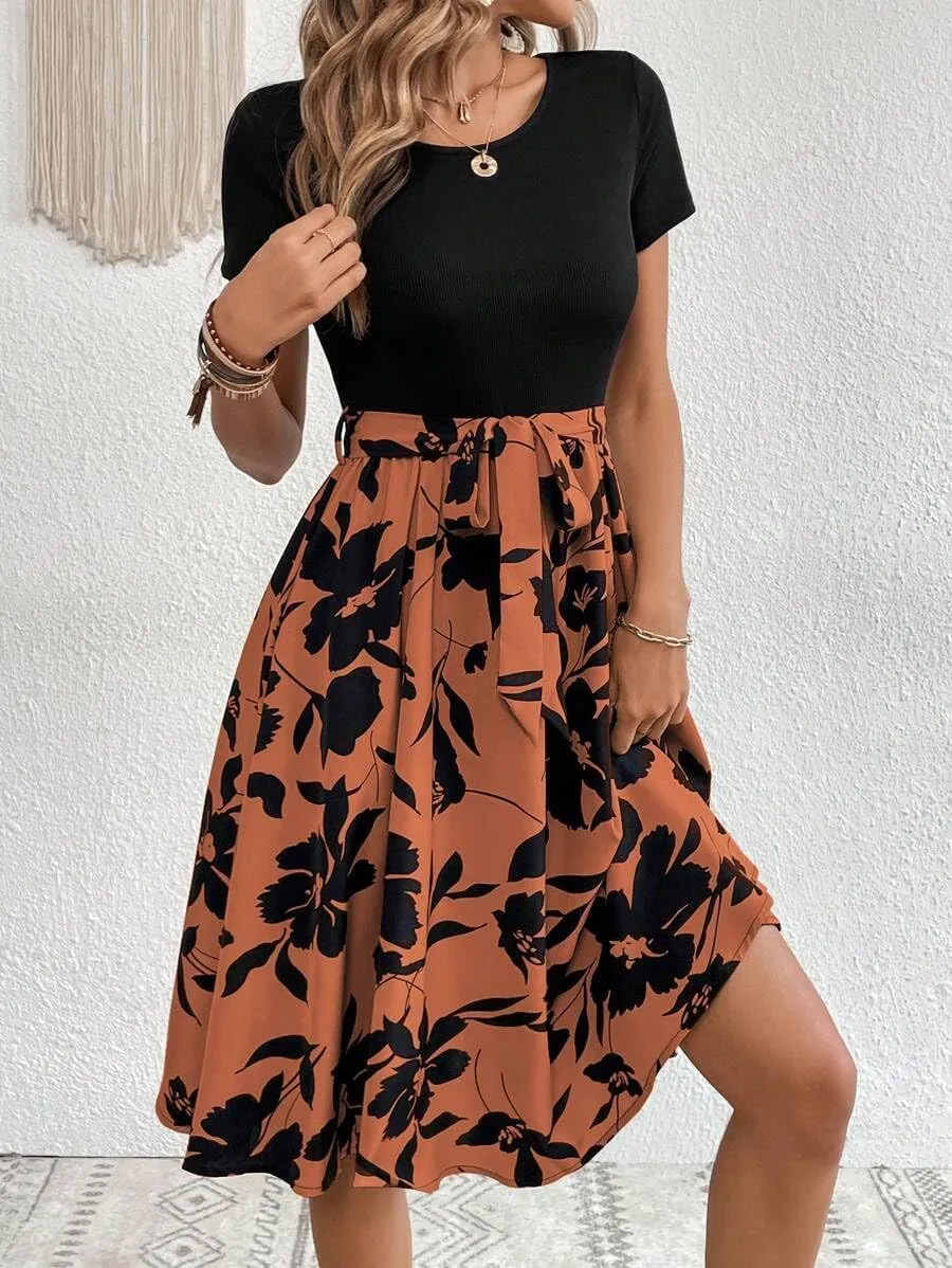 Women's Summer Dress Tie Waist Modest Short Sleeve A Line Midi Casual