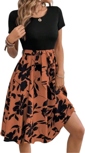 Women's Summer Dress Tie Waist Modest Short Sleeve A Line Midi Casual