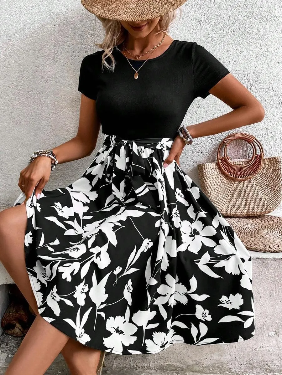 Women's Summer Dress Tie Waist Modest Short Sleeve A Line Midi Casual