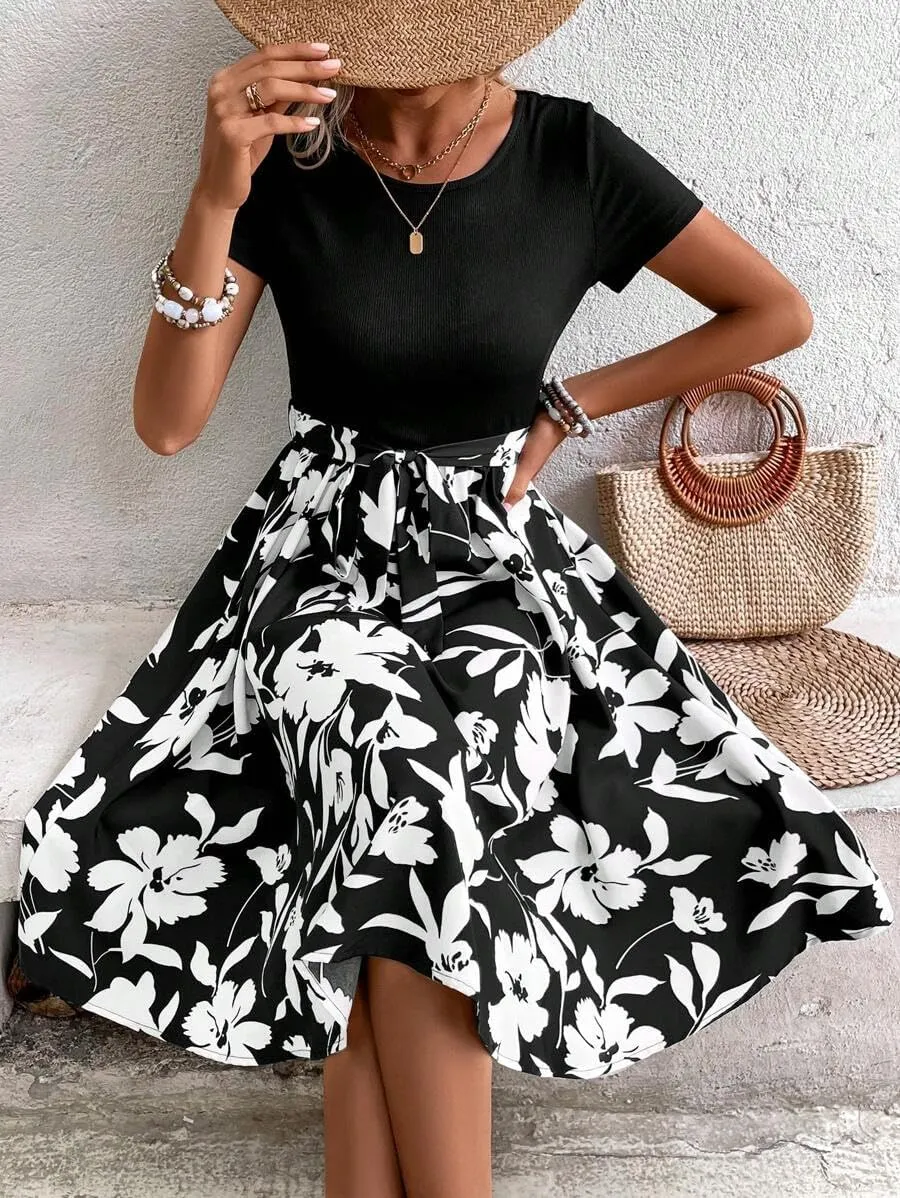 Women's Summer Dress Tie Waist Modest Short Sleeve A Line Midi Casual