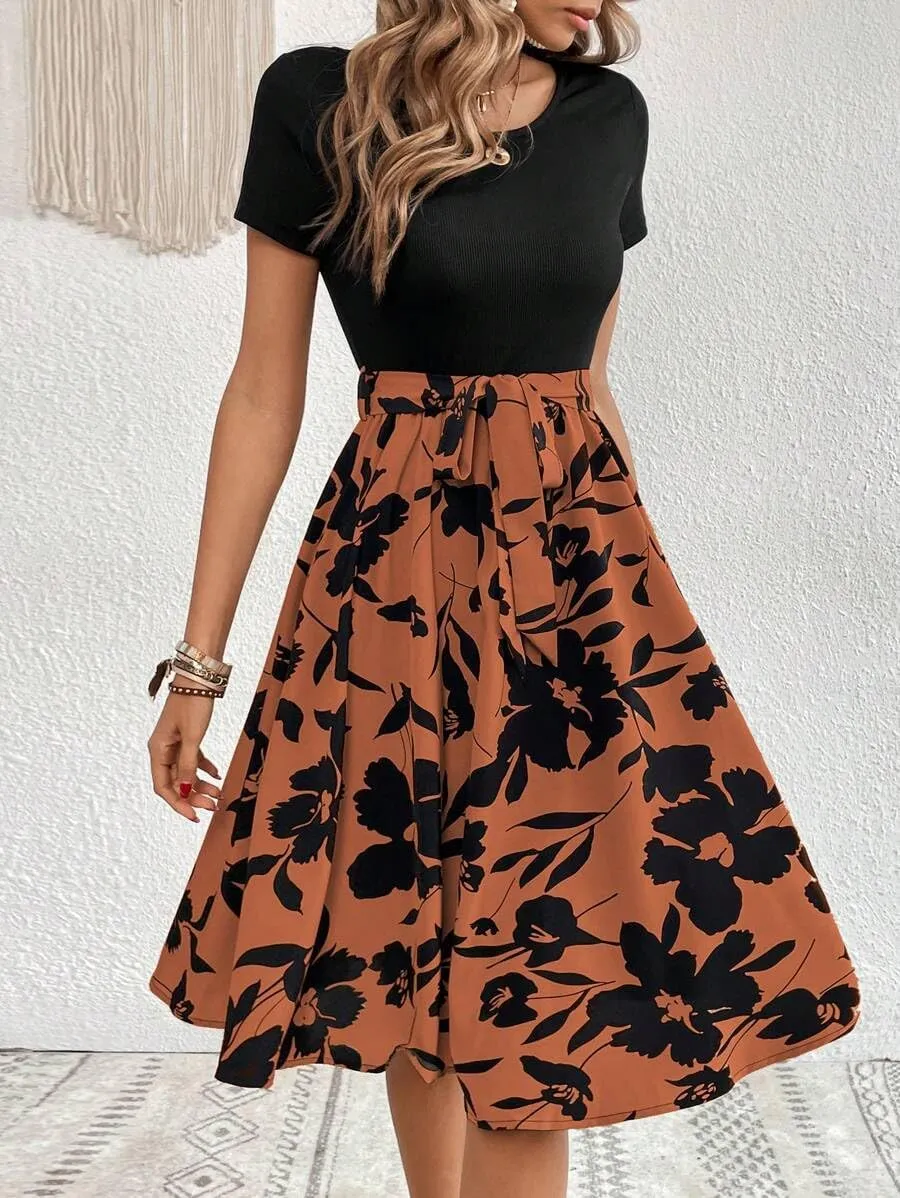 Women's Summer Dress Tie Waist Modest Short Sleeve A Line Midi Casual