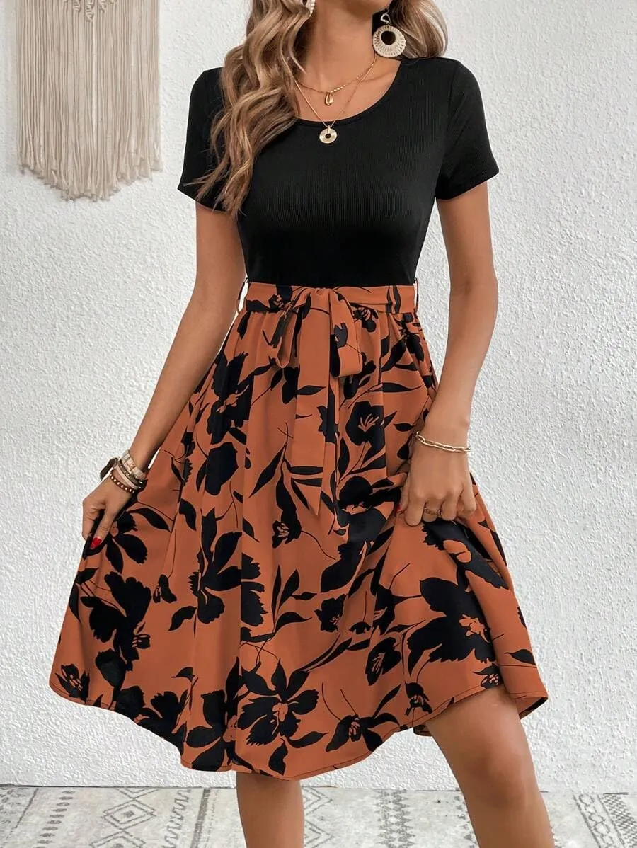 Women's Summer Dress Tie Waist Modest Short Sleeve A Line Midi Casual