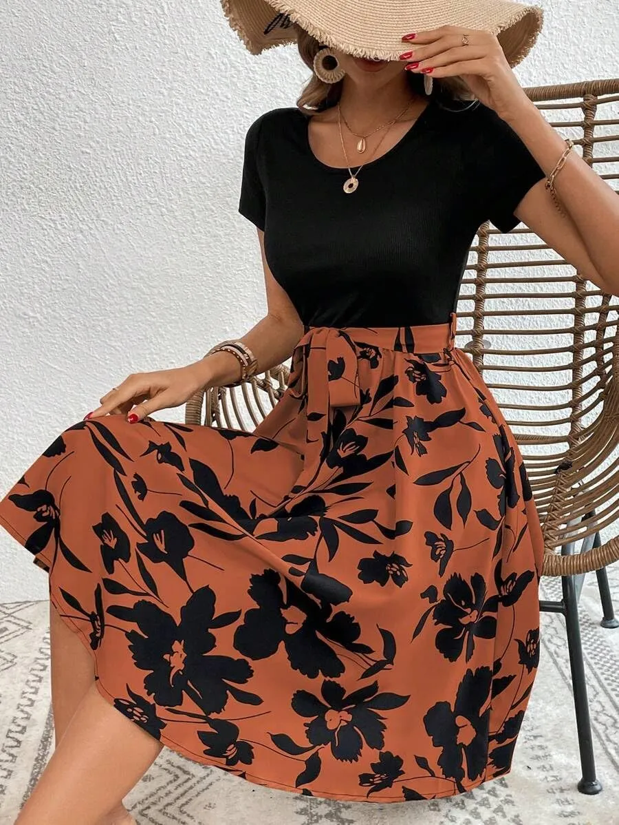 Women's Summer Dress Tie Waist Modest Short Sleeve A Line Midi Casual