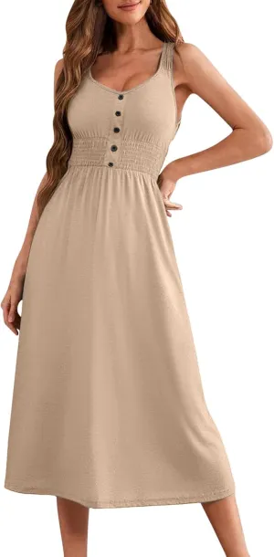 Womens Summer Dresses Casual Sleeveless Button Decor Scoop Neck Smocked Empire Waist Midi Dress Beach Vacation Sundress
