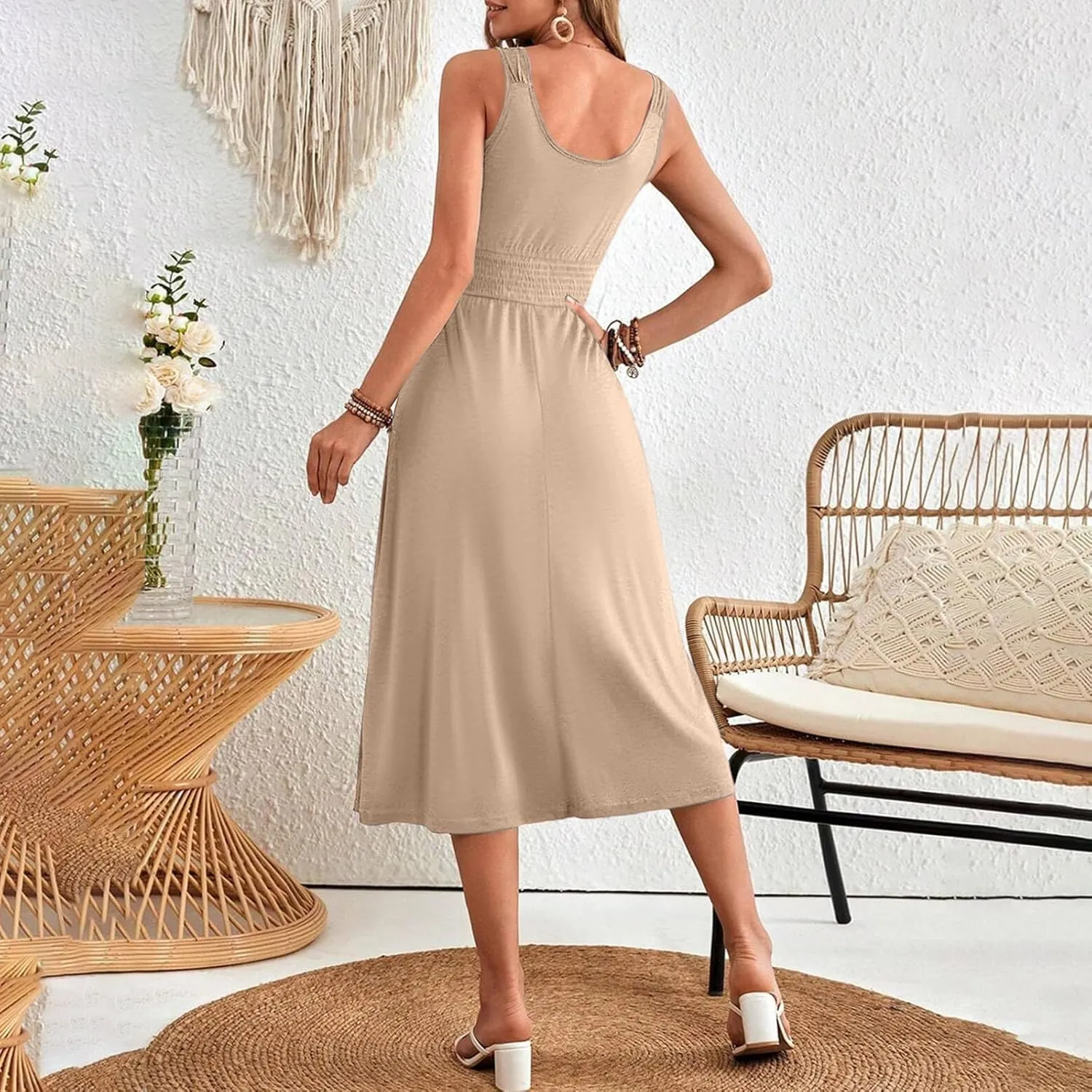 Womens Summer Dresses Casual Sleeveless Button Decor Scoop Neck Smocked Empire Waist Midi Dress Beach Vacation Sundress
