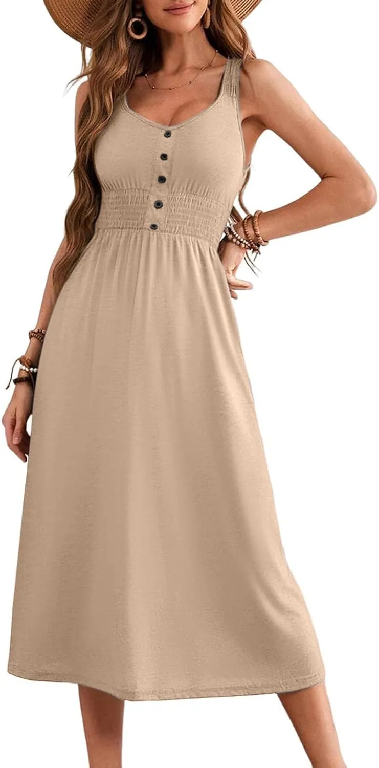 Womens Summer Dresses Casual Sleeveless Button Decor Scoop Neck Smocked Empire Waist Midi Dress Beach Vacation Sundress