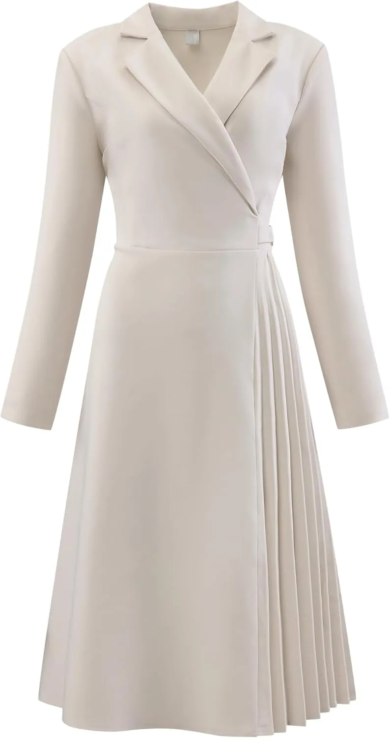 Women's Wrap Dress A-Line Pleated Midi Long Sleeve Dresses